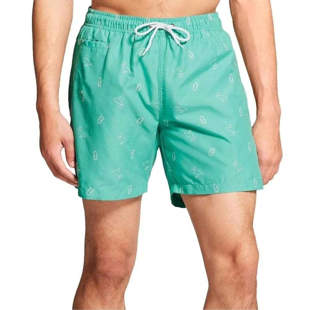 Mens Swim Trunks Pelican Print Elastic Waist 6.5 Inseam Green Size M